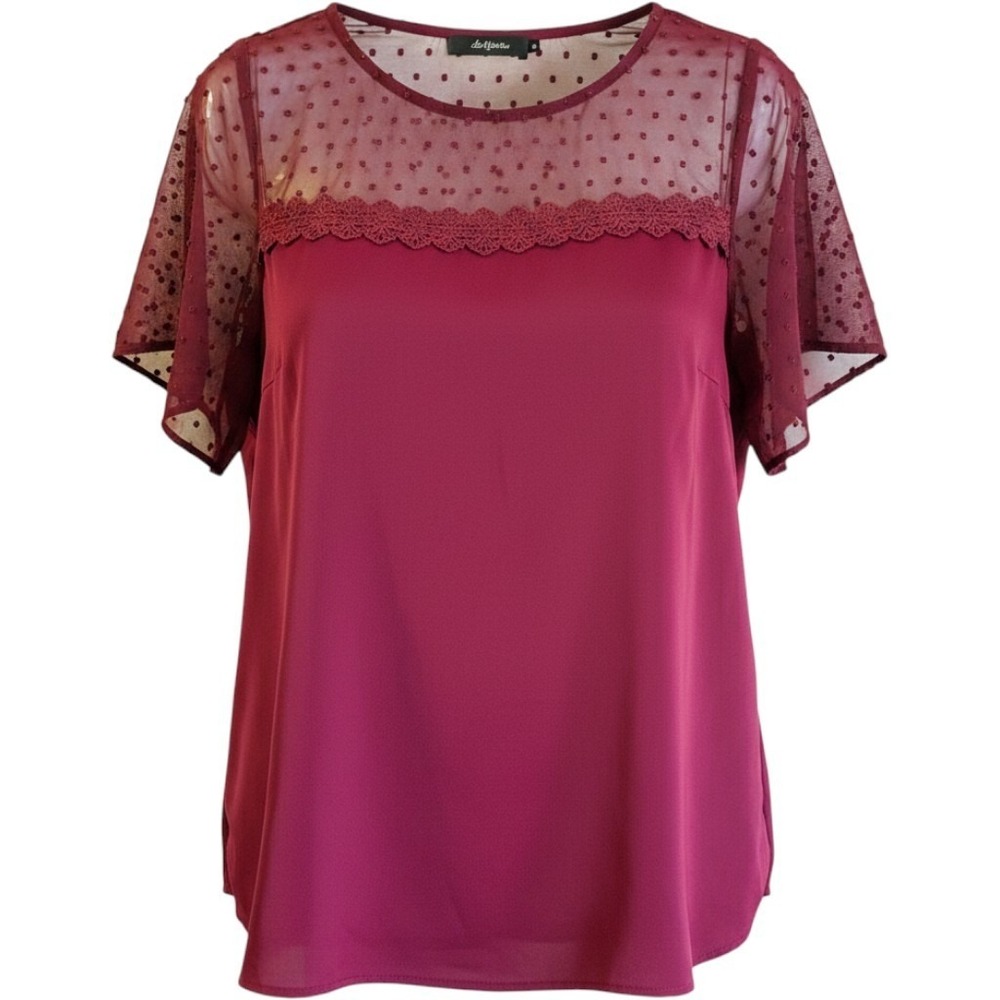 Agnes Orinda Burgundy Swiss Dot Mesh Lace Trim Blouse Plus Size 2X Short Sleeve